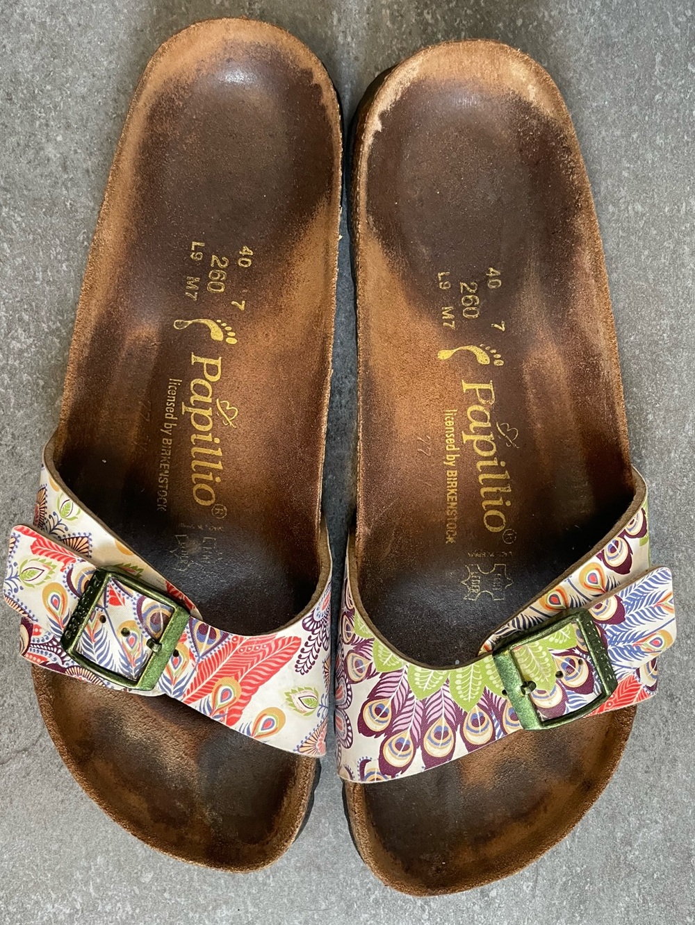 Papillio By Birkenstock Peacock Print Single Buckle Slide Sandals